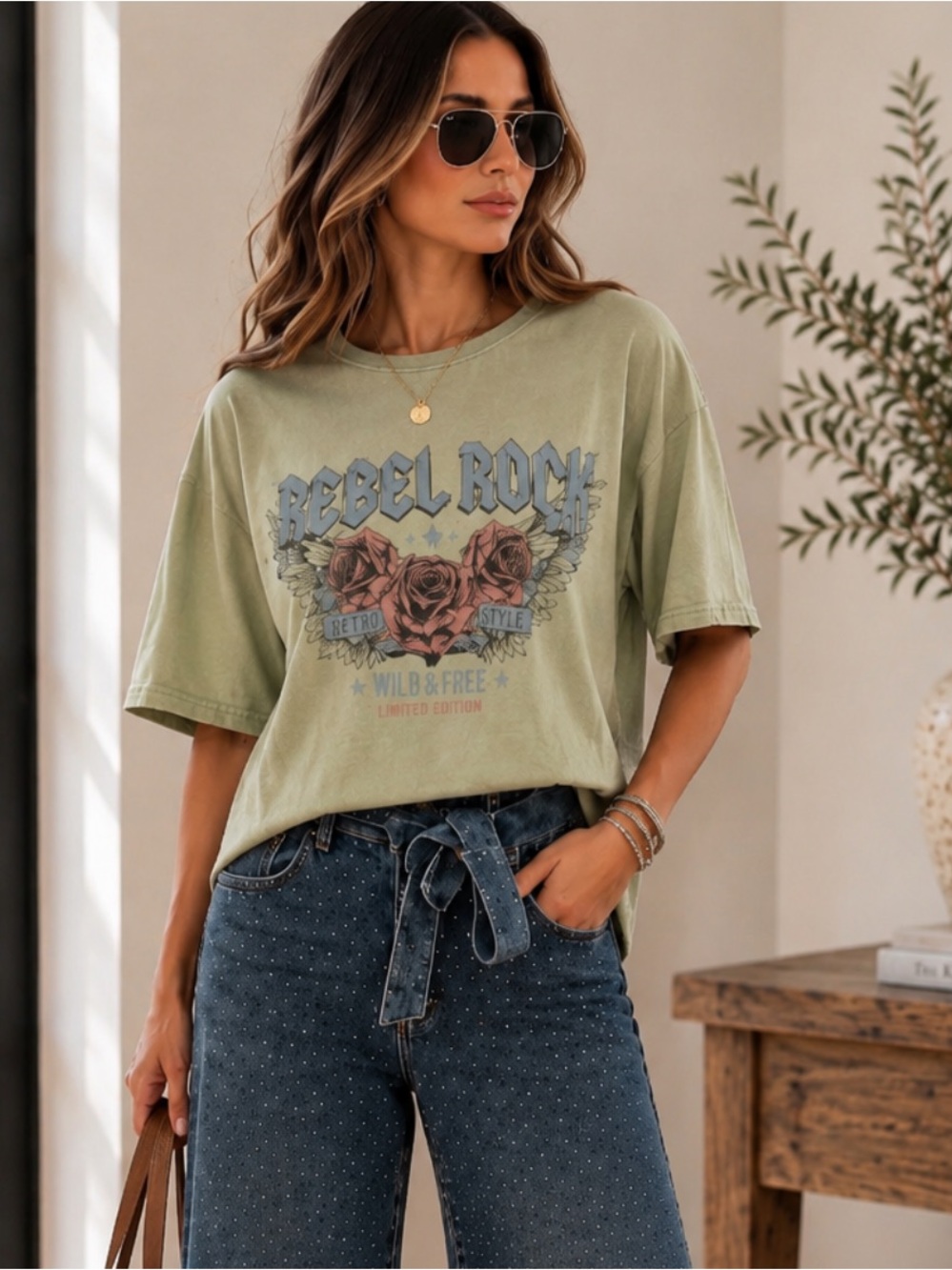 ShopEvelynne Sage Green Rebel Rose Graphic Tee